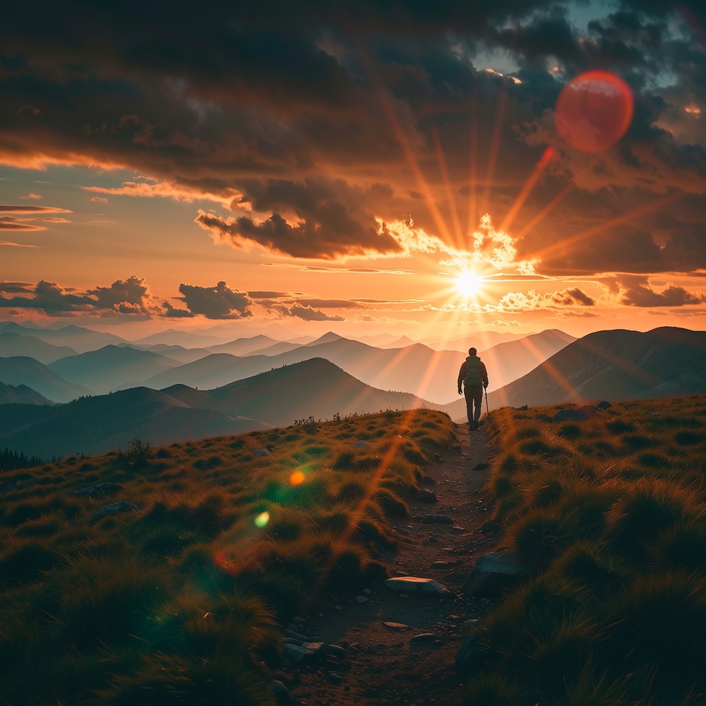 A person walking through a landscape at golden hour