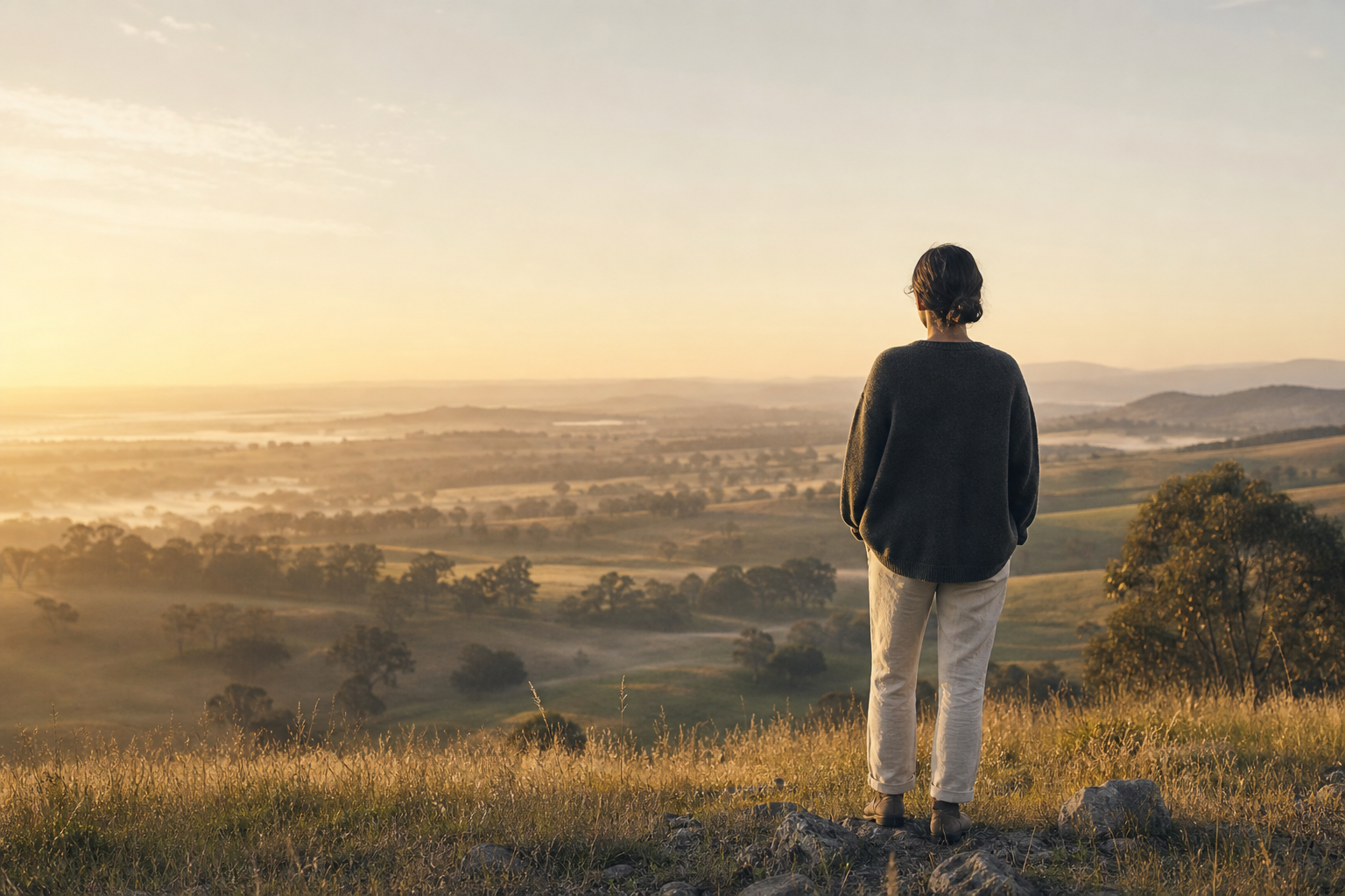 Person looking across the Australian countryside at golden hour