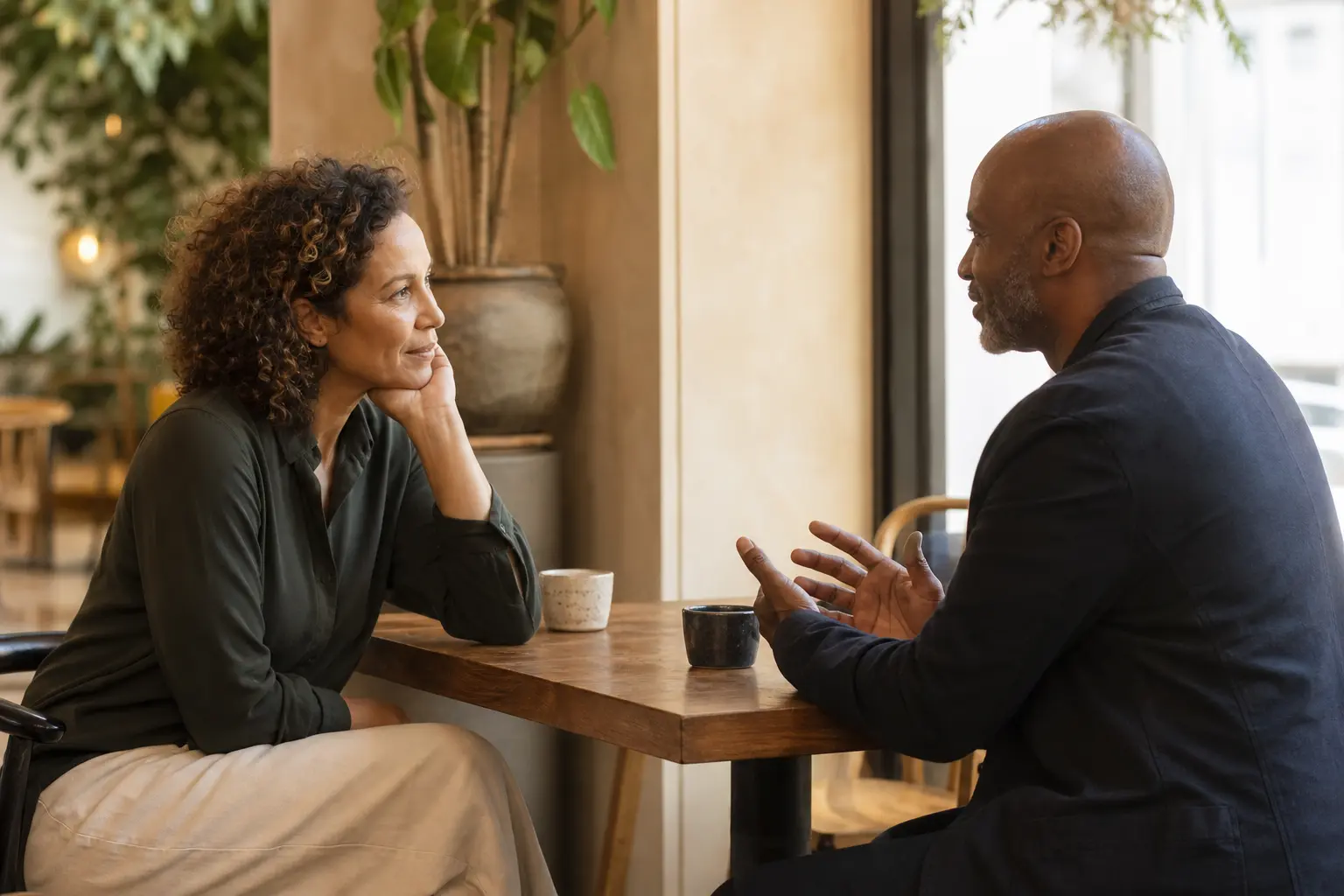 Two people in an attentive conversation