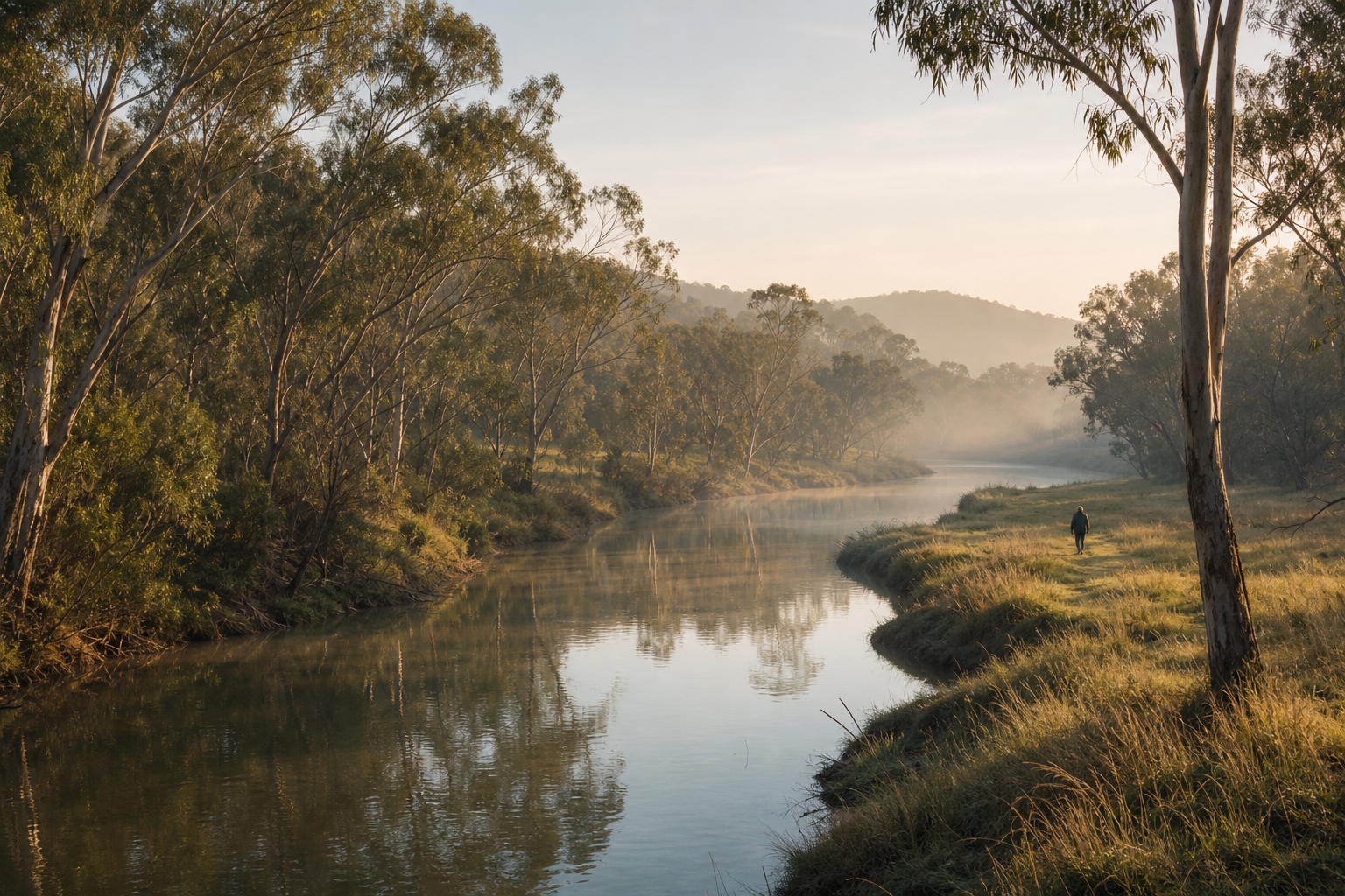Quiet river winding through Australian bush at sunrise